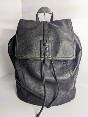 Cole Haan Black Pebbled Leather Drawstring Flap Backpack Unisex Commuter, c2014